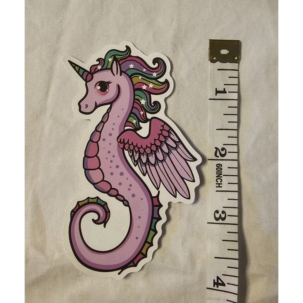Magical Fantasy Unicorn Seahorse Sticker Pink Purple W/Multicolor Glittery Mane